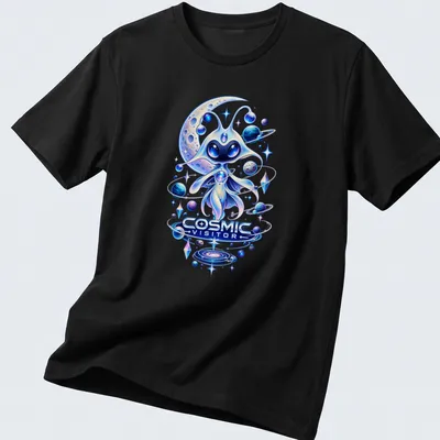 Whimsical alien character design with the text 'COSMIC VISITOR' in vibrant cosmic colors.