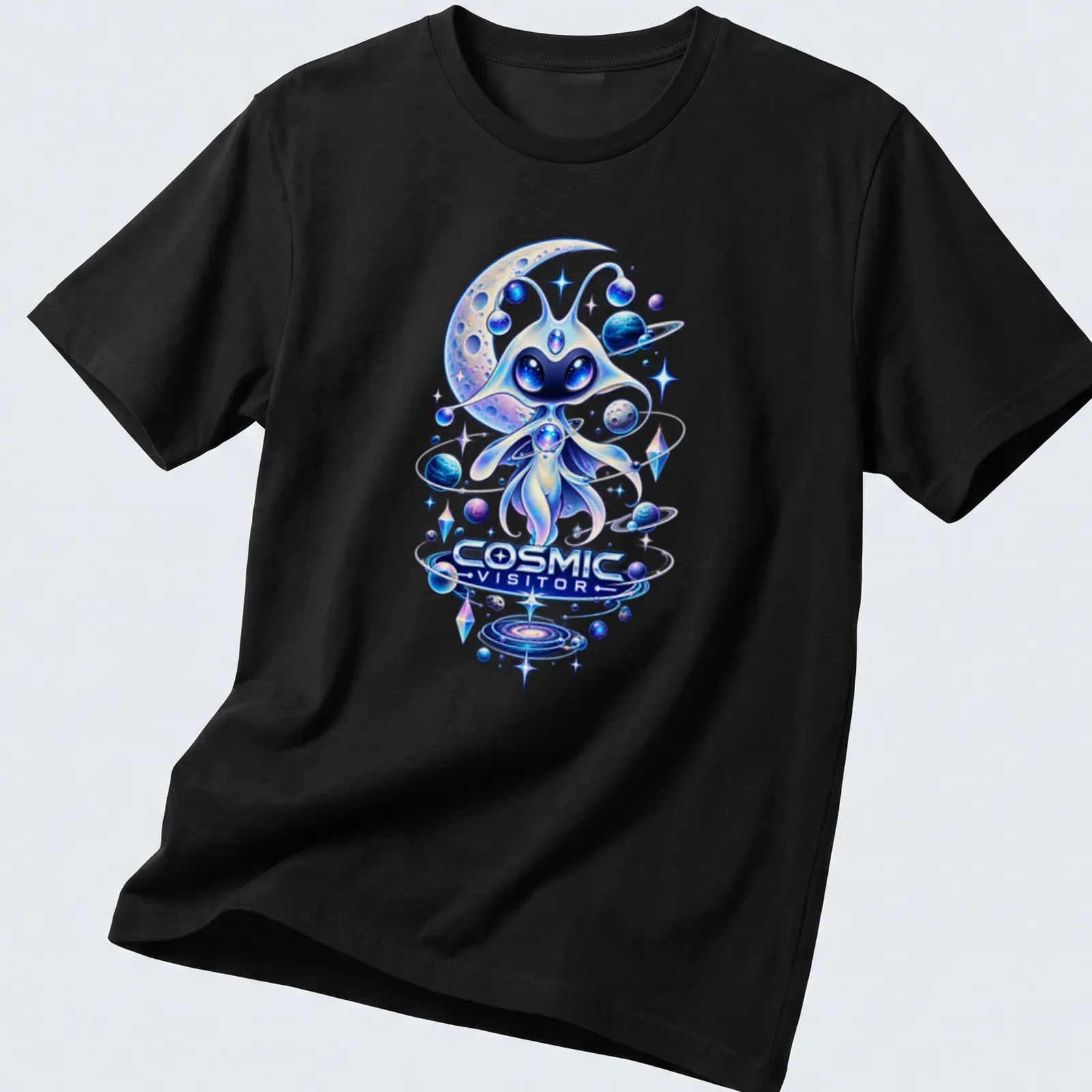 Whimsical alien character design with the text 'COSMIC VISITOR' in vibrant cosmic colors. — printed on a unisex t-shirt