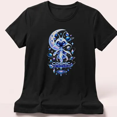 Whimsical alien character design with the text 'COSMIC VISITOR' in vibrant cosmic colors. — printed on a women's shirt