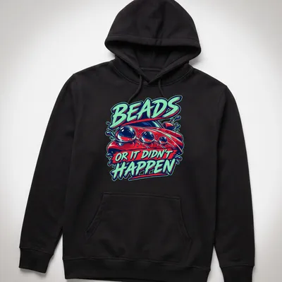 Bold graphic t-shirt featuring a car with colorful beads and humorous text — printed on a unisex hoodie
