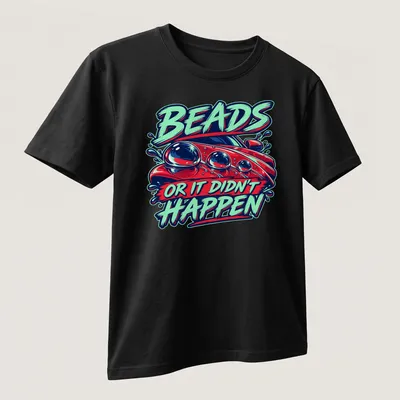 Bold graphic t-shirt featuring a car with colorful beads and humorous text — printed on a unisex t-shirt (angled view)