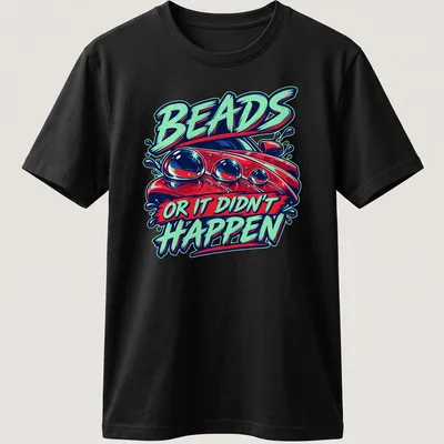 Bold graphic t-shirt featuring a car with colorful beads and humorous text