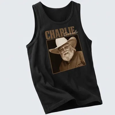 Sepia portrait of Charlie Daniels with text below in classic font — printed on a tank top