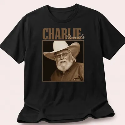 Sepia portrait of Charlie Daniels with text below in classic font
