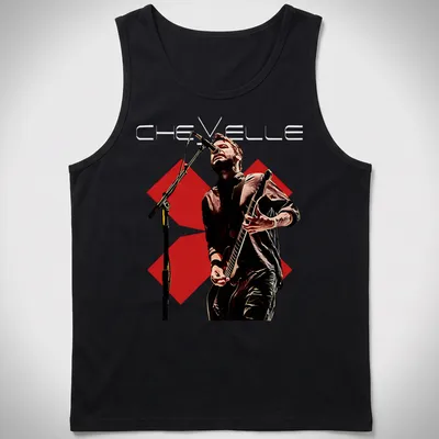 Illustrative t-shirt featuring the Chevelle band name with musicians performing — printed on a tank top