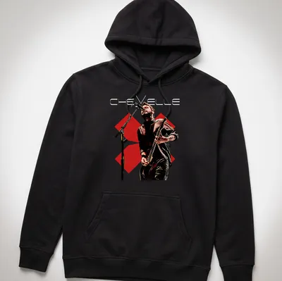 Illustrative t-shirt featuring the Chevelle band name with musicians performing — printed on a unisex hoodie