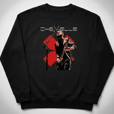Illustrative t-shirt featuring the Chevelle band name with musicians performing — printed on a unisex sweatshirt