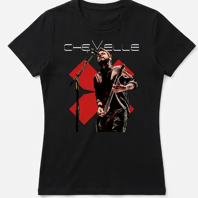 Illustrative t-shirt featuring the Chevelle band name with musicians performing — printed on a women's shirt