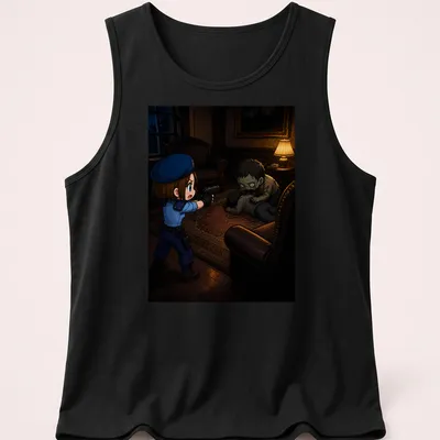 Chibi police officer confronts a cute zombie in an anime style illustration — printed on a tank top