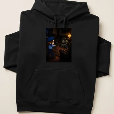 Chibi police officer confronts a cute zombie in an anime style illustration — printed on a unisex hoodie