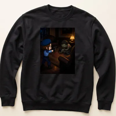 Chibi police officer confronts a cute zombie in an anime style illustration — printed on a unisex sweatshirt