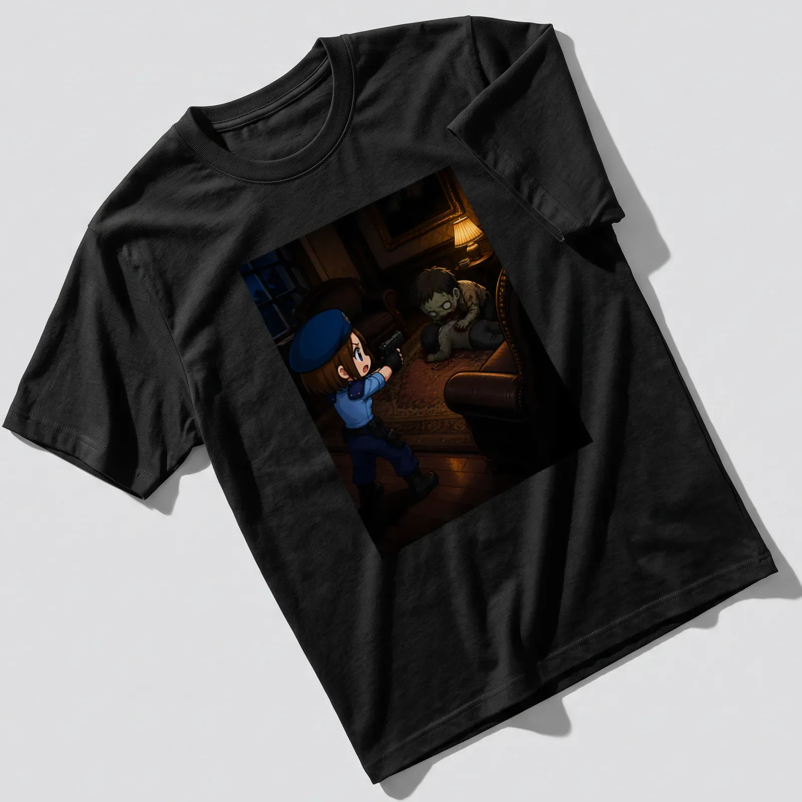 Chibi police officer confronts a cute zombie in an anime style illustration — printed on a unisex t-shirt