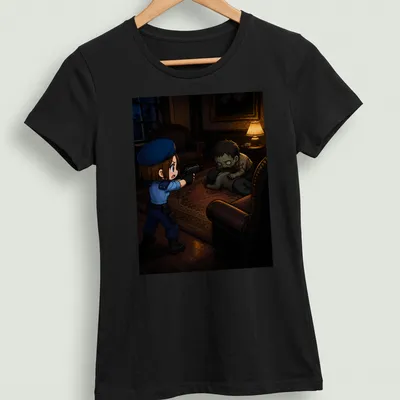 Chibi police officer confronts a cute zombie in an anime style illustration — printed on a women's shirt