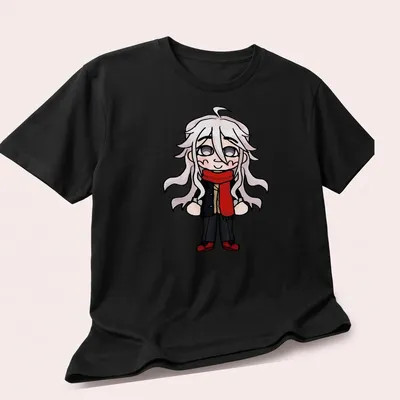 Cute cartoon depiction of Chibi Shishikura Osamu on a T-shirt. — printed on a unisex t-shirt (angled view)