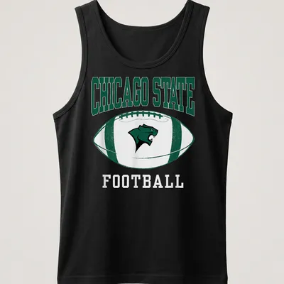 Bold typography Chicago State Football t-shirt in green, white, and black — printed on a tank top