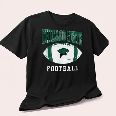 Bold typography Chicago State Football t-shirt in green, white, and black — printed on a unisex t-shirt (angled view)