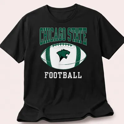 Bold typography Chicago State Football t-shirt in green, white, and black
