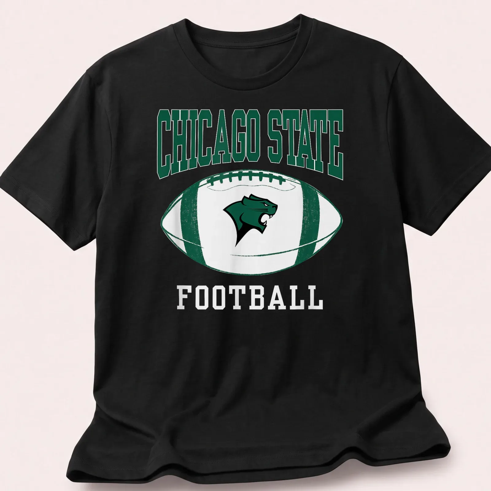 Bold typography Chicago State Football t-shirt in green, white, and black — printed on a unisex t-shirt