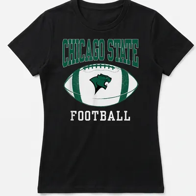 Bold typography Chicago State Football t-shirt in green, white, and black — printed on a women's shirt