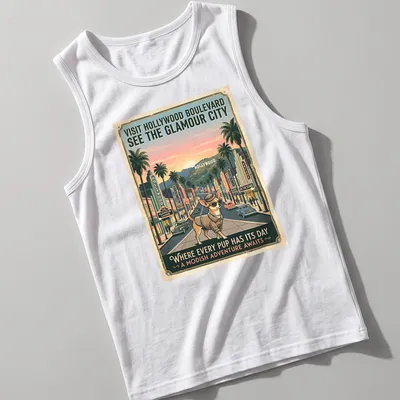 Chihuahua in a vintage style, with pastel colors and travel text for Hollywood Boulevard. — printed on a tank top