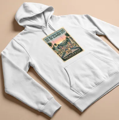 Chihuahua in a vintage style, with pastel colors and travel text for Hollywood Boulevard. — printed on a unisex hoodie