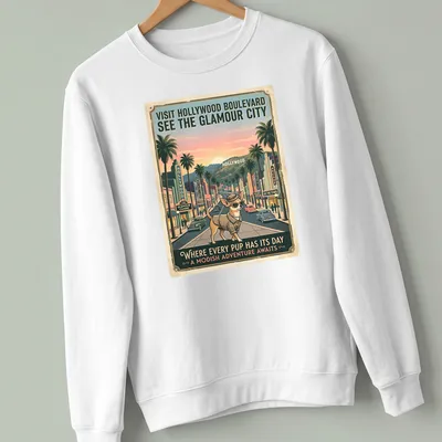 Chihuahua in a vintage style, with pastel colors and travel text for Hollywood Boulevard. — printed on a unisex sweatshirt