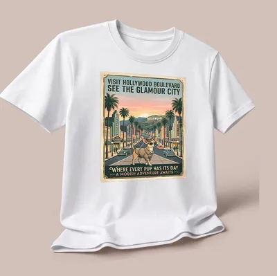 Chihuahua in a vintage style, with pastel colors and travel text for Hollywood Boulevard. — printed on a unisex t-shirt (angled view)