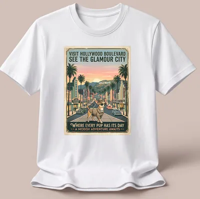 Chihuahua in a vintage style, with pastel colors and travel text for Hollywood Boulevard.