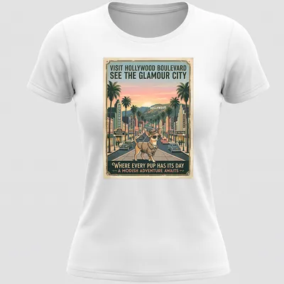 Chihuahua in a vintage style, with pastel colors and travel text for Hollywood Boulevard. — printed on a women's shirt