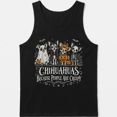 Whimsical illustration of Chihuahuas in Halloween costumes with playful text — printed on a tank top
