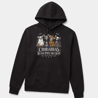 Whimsical illustration of Chihuahuas in Halloween costumes with playful text — printed on a unisex hoodie