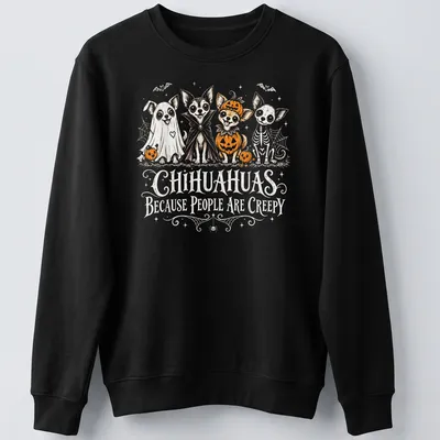 Whimsical illustration of Chihuahuas in Halloween costumes with playful text — printed on a unisex sweatshirt