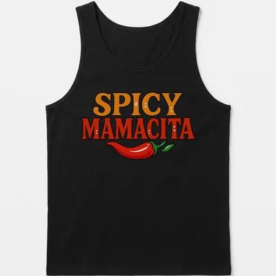 Bold colorful T-shirt featuring a chili pepper and the text 'Spicy Mamacita' — printed on a tank top