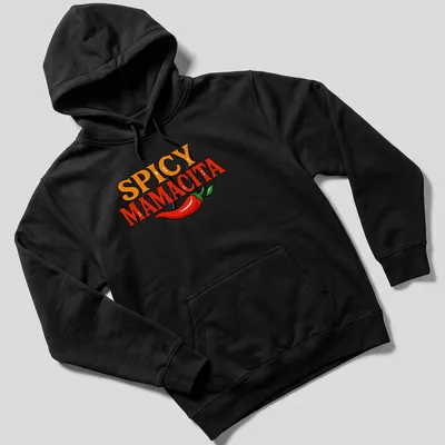 Bold colorful T-shirt featuring a chili pepper and the text 'Spicy Mamacita' — printed on a unisex hoodie