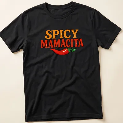 Bold colorful T-shirt featuring a chili pepper and the text 'Spicy Mamacita'