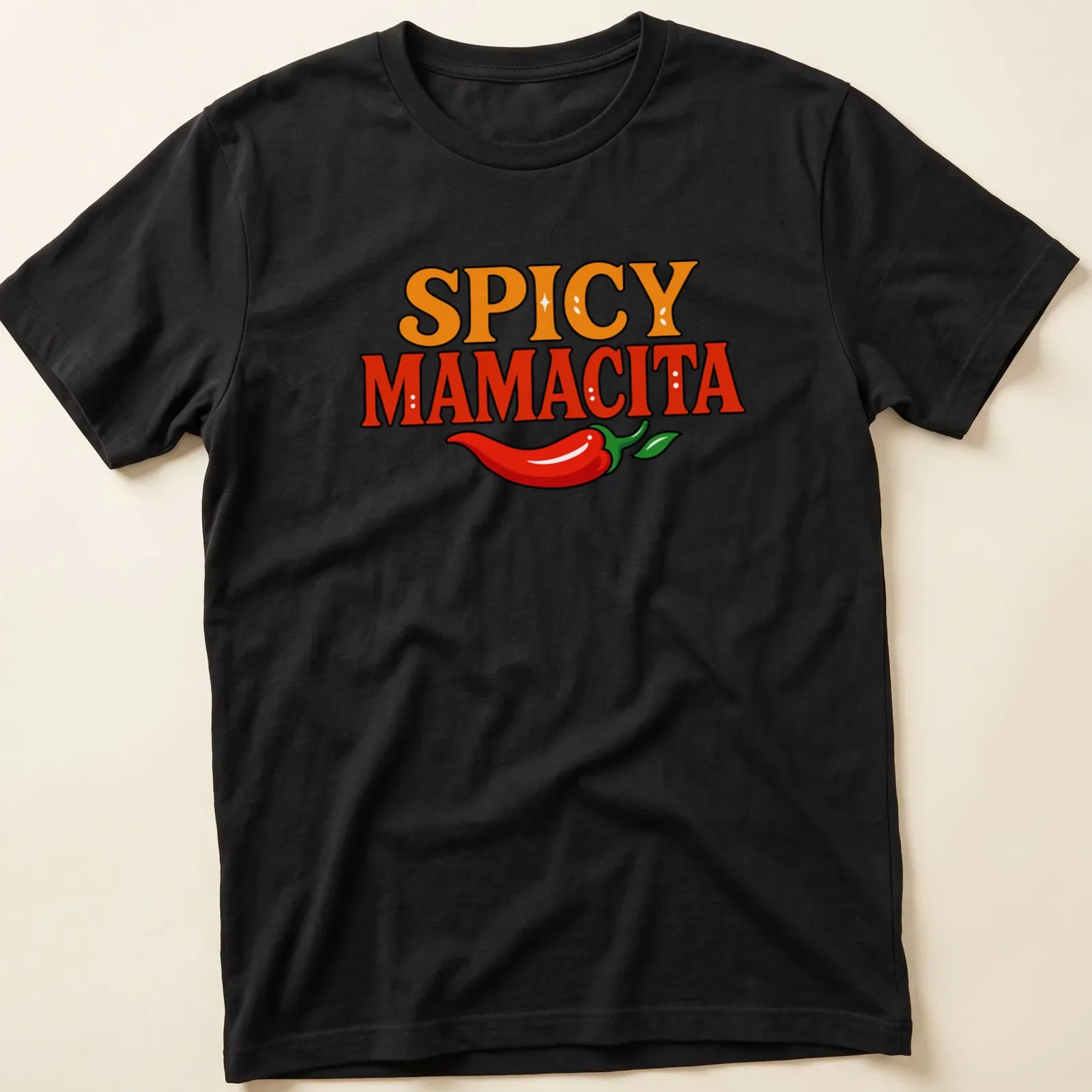 Bold colorful T-shirt featuring a chili pepper and the text 'Spicy Mamacita' — printed on a unisex t-shirt