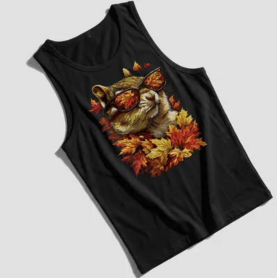 Illustration of a chipmunk with sunglasses among autumn leaves in detailed style — printed on a tank top