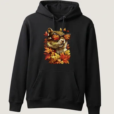 Illustration of a chipmunk with sunglasses among autumn leaves in detailed style — printed on a unisex hoodie