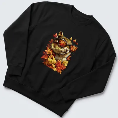 Illustration of a chipmunk with sunglasses among autumn leaves in detailed style — printed on a unisex sweatshirt