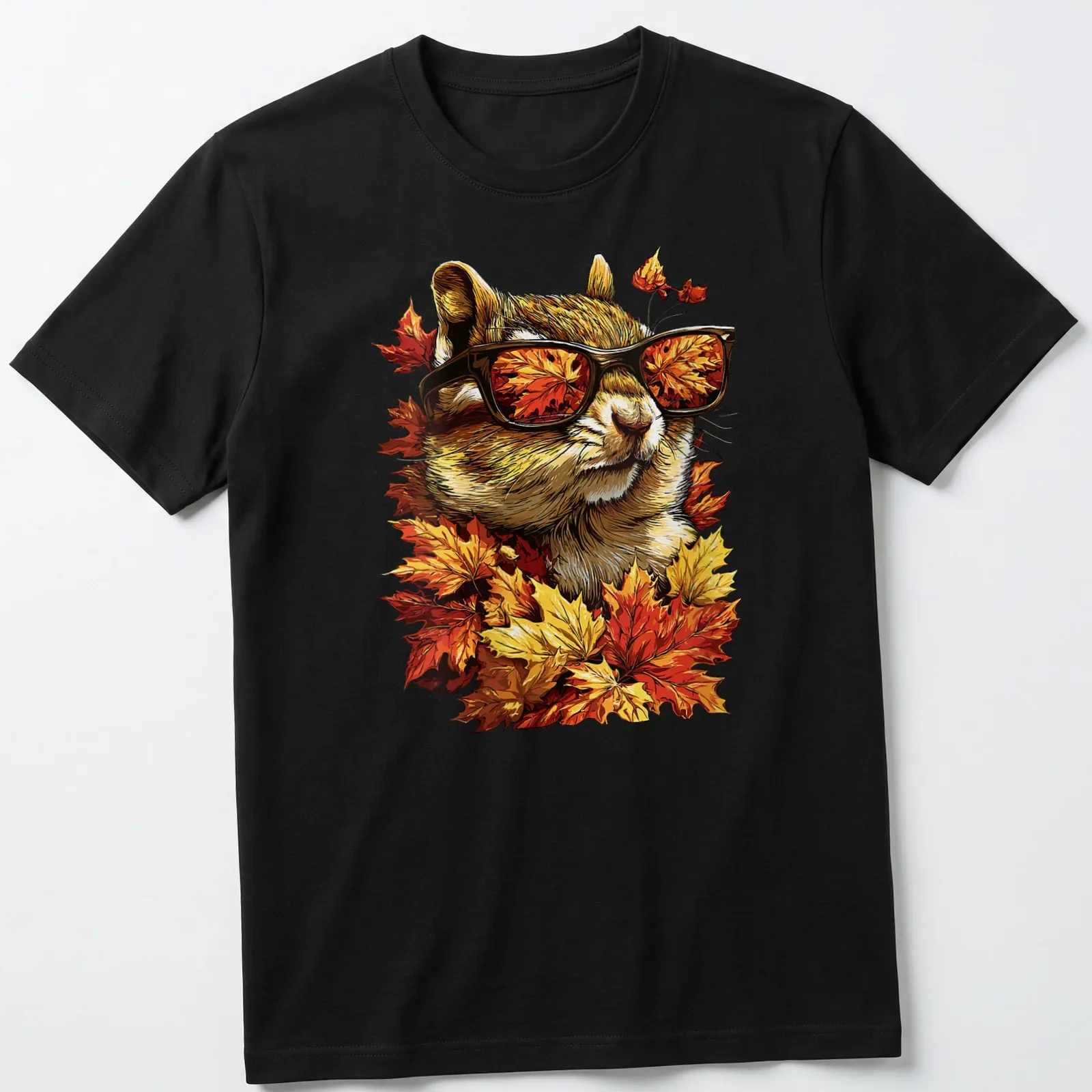 Illustration of a chipmunk with sunglasses among autumn leaves in detailed style — printed on a unisex t-shirt