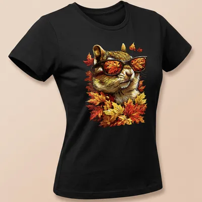 Illustration of a chipmunk with sunglasses among autumn leaves in detailed style — printed on a women's shirt