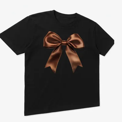 Realistic brown satin bow graphic on a — printed on a unisex t-shirt (angled view)