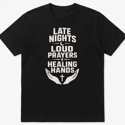T-shirt with bold text reading 'Late Nights Loud Prayers Healing Hands' with religious symbols