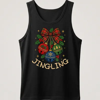 Colorful Christmas bells with plaid bow and 'JINGLING' text for festive wear — printed on a tank top