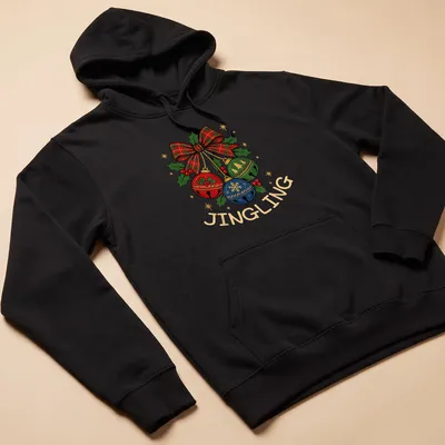 Colorful Christmas bells with plaid bow and 'JINGLING' text for festive wear — printed on a unisex hoodie