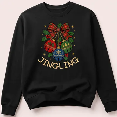Colorful Christmas bells with plaid bow and 'JINGLING' text for festive wear — printed on a unisex sweatshirt