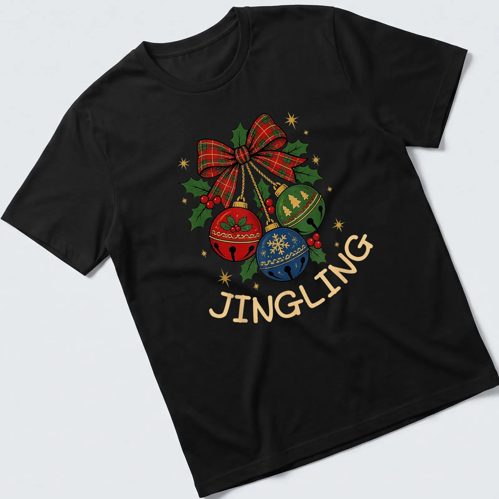 Colorful Christmas bells with plaid bow and 'JINGLING' text for festive wear — printed on a unisex t-shirt