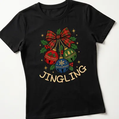 Colorful Christmas bells with plaid bow and 'JINGLING' text for festive wear — printed on a women's shirt