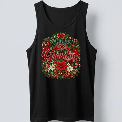 Colorful Christmas flowers frame the text World's Best Grandma on a festive T-shirt. — printed on a tank top