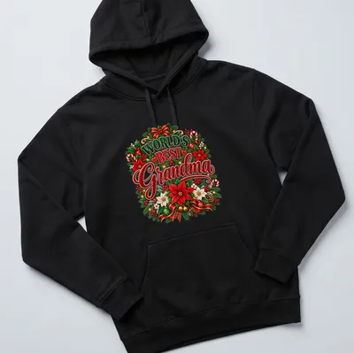 Colorful Christmas flowers frame the text World's Best Grandma on a festive T-shirt. — printed on a unisex hoodie